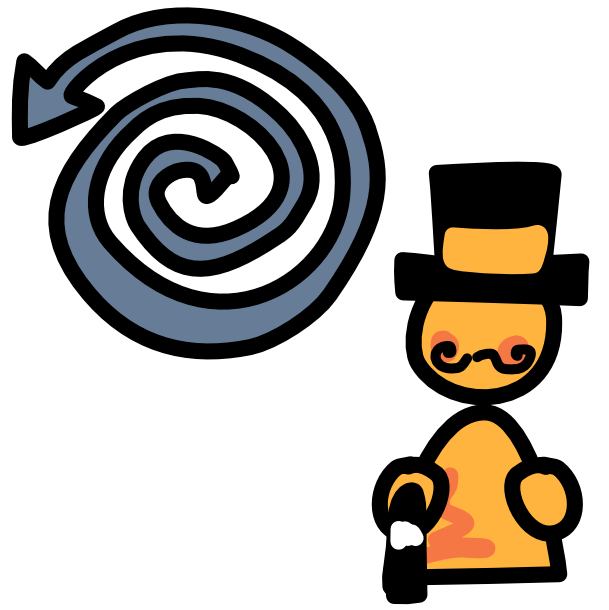 A large gray spiral arrow next to  an abstract yellow person with a curled mustache wearing a top hat and holding a dapper cane. The image has dark line art.